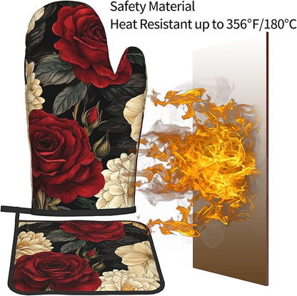 Boho Oven Mitts and Pot Holders Sets Vintage Peony Flowers Kitchen Mitts Potholders 2PCS Floral Oven Gloves Hot Pads for Kitchen Baking Cooking