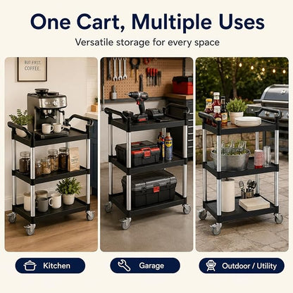 3-Tier Rolling Utility Cart with 2 Locking Brakes, 520 Lbs Heavy Duty 31.5"x15.7"x40.6" Commercial Service Cart, Tangle-Free Silent Wheels for Home, Office, Restaurant, Warehouse, Kitchen