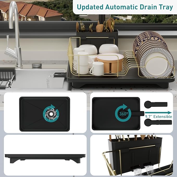 Buruis Dish Drying Rack for Kitchen Countertop, Large Capacity Gold Stainless Steel Dish Drainer with Anti-Slip Rubber Feet, Removable Drain Board and Utensil Holder (Black Tray)