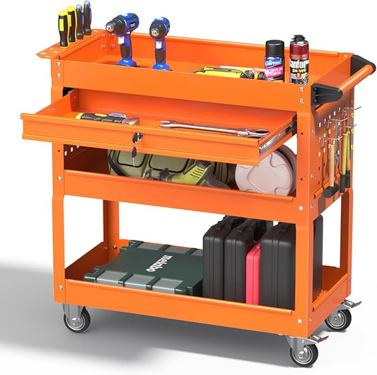 3 Tray Rolling Tool Cart with Drawers, 400 LBS Capacity Mechanic Tool Cart on Wheels, Heavy Duty Utility Cart with Pegboard, Tool Storage Cart for Garage and Repair Shop, Orange