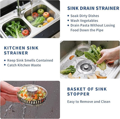 3-in-1 Kitchen Sink Drain Strainer & Sink Stopper 2 Pack - 304 Stainless Steel Sink Drain Strainer, Pop-Up Anti-Clog Design, Fits Standard 3-1/2'' Sink Drains