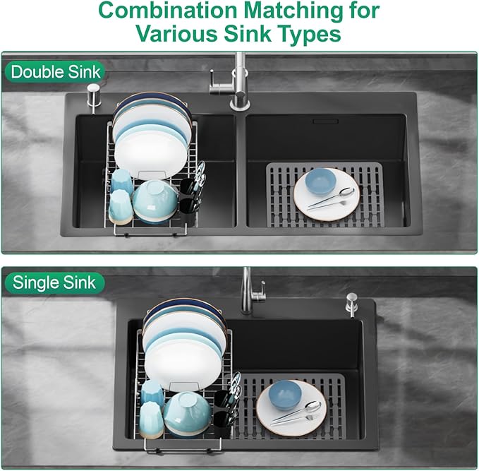 GSlife Expandable Over the Sink Dish Drying Rack with Silicone Sink Protector - Stainless Steel Dish Drainer with Locking Knob, Adjustable Dryer Strainer for Kitchen, 12.8" W x 10.8"-17.9" L, Silver