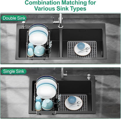 GSlife Expandable Over the Sink Dish Drying Rack with Silicone Sink Protector - Stainless Steel Dish Drainer with Locking Knob, Adjustable Dryer Strainer for Kitchen, 12.8" W x 10.8"-17.9" L, Silver