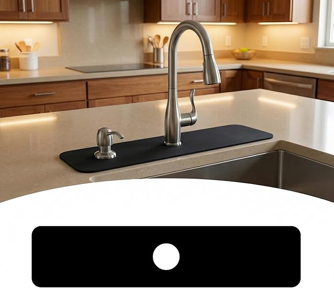 Customizable Kitchen Sink Faucet Mat: 24Lx5.5W Black Bathroom Counter Protector Drip Catcher - Splash Guard with Pre-Cut Center Hole, DIY to Fit Irregular Sink with 2, 3 Holes & Soap Dispenser