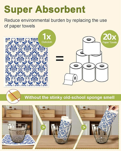 Miss Adola Swedish Dishcloths for Kitchen - Elegant 8 Pack Compostable Patterned Cotton Dish Cloths Absorbent Swedish Paper Towels Reusable Kitchen Dish Towels, Blue and White Ceramic Style