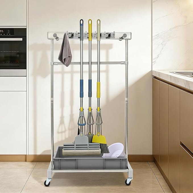 Broom Mop Holder Cleaning Supplies Organizer, Mobile Mop Rack with Water Basin & 12 Hooks, Freestanding Cleaning Tool Cart Storage Rack for Home Garden Garage Schools Hotels (Grey Basin)