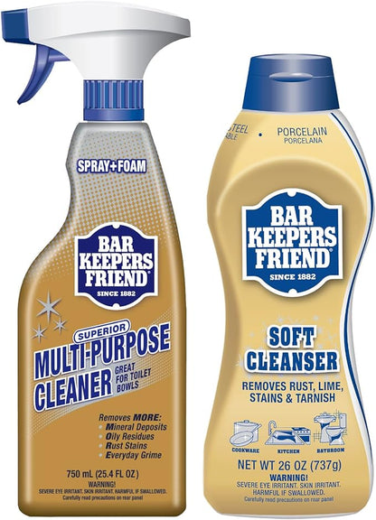 Bar Keepers Friend Soft Cleanser 26 oz + Spray & Foam Multipurpose MORE Spray Cleaner 25.4 oz, Multi Purpose Cleaner Bundle, Removes Grease, Rust Stains, Soap Scum & More in Home & Outdoors