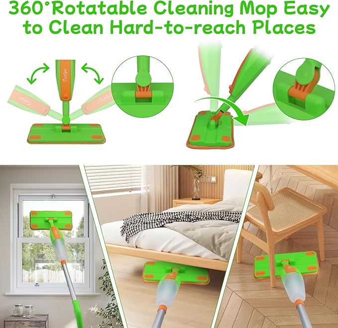 Toddler Spray Mop - Fun & Educational Montessori Housekeeping Toys Mini Size Cleaning Set Includes Kids Mop with Real Water Sprayer Washable Microfiber Pads & Scraper