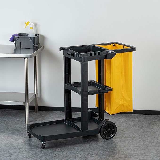 Restaurantware-Clean Tek Professional Janitor Cart with Wheels, 1 Cleaning Trolley with 18 Gallon Bag - 3 Shelves, Heavy-Duty, Black Plastic Commercial Janitorial Cart, for Restaurants