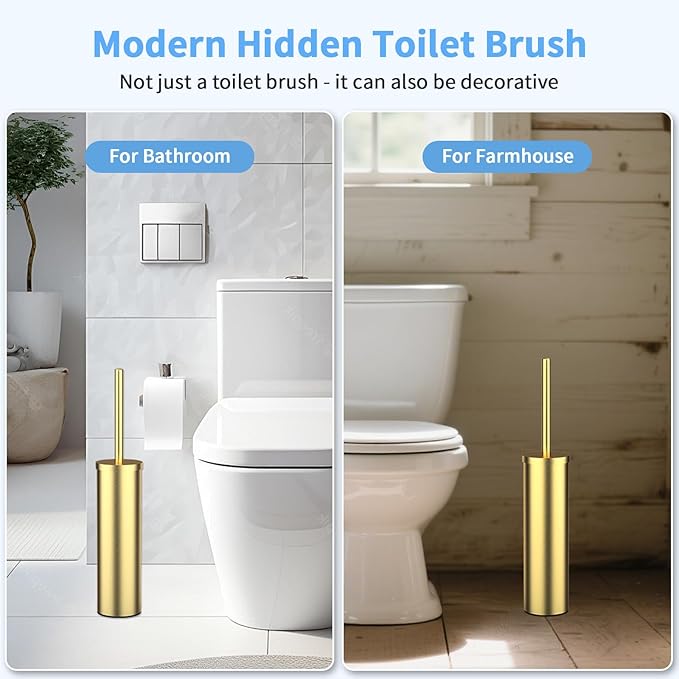 Stainless Steel Toilet Brush and Holder Set Brushed Silver Heavy Duty Toilet Bowl Brush with Long Handle for Bathroom and Farmhouse (Gold)