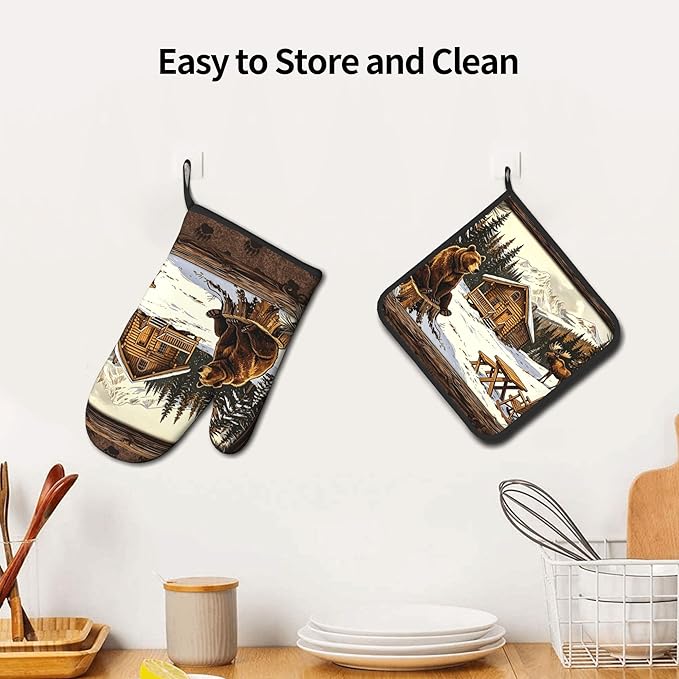 Vintage Oven Mitts and Pot Holders Sets Rustic Cabin Kitchen Gloves Bear Hot Pads Cute Baker Stuff Chef Cooking Baking Gifts for Women