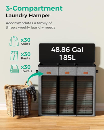 Laundry Hamper 3 Compartment 185L, Large Laundry Hamper with Lid and 3 Inner Bags, Dirty Clothes Hamper, Collapsible Laundry Sorter for Bedroom, Laundry Room, Dorm