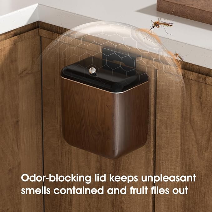 Large 3.2 Gallon Compost Bin, Under Sink Trash Can with Lid, Hanging Waste Cabinet for Office Kitchen Cupboard Bathroom Bedroom, Walnut Color