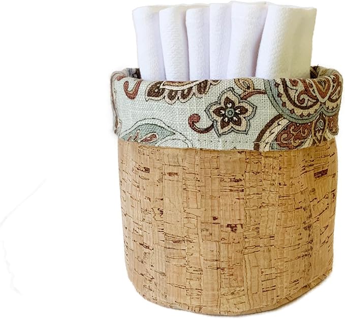 Reusable Hand Towels for Bathroom/Towels and Cork Fabric Basket/American Made/Machine Washable/Absorbent/Durable Edges and No Pilling (Paisley & Cork Basket, 6 Cloths)