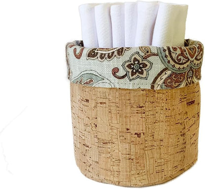 Reusable Hand Towels for Bathroom/Towels and Cork Fabric Basket/American Made/Machine Washable/Absorbent/Durable Edges and No Pilling (Paisley & Cork Basket, 6 Cloths)