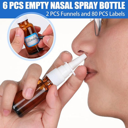10 Pcs Nasal Spray Bottle, 20ML/0.7OZ 6 Pcs Fine Mist Glass Empty Refillable Nasal Spray Bottle with 2 Pcs Funnels and 2 Pcs Labels