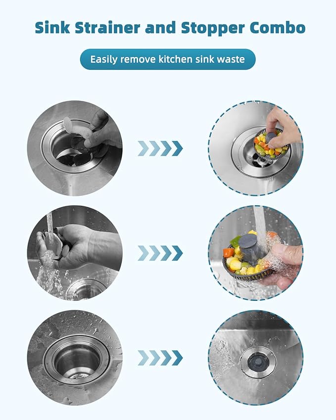 Universal 3 in 1 Kitchen Sink Stopper Strainer, 2PCS 304 Stainless Steel Pop Up Sink Drain Strainer with Handle Rod for US Standard 3-1/2 inch Drain Filter, Anti-Clog