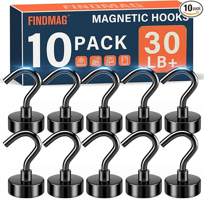 FINDMAG 10 Pack Black Magnetic Hooks, 30lbs Neodymium Magnet Hooks for Hanging, Strong Magnetic Hooks Magnet with Hooks for Home, Kitchen, Office, Warehouse, School