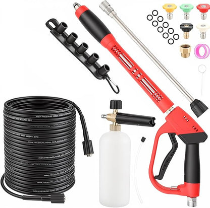 Pressure Washer Gun and Hose Kit, 3600PSI 50Ft Pressure Washer Hose with Foam Cannon & 2Pcs Extension Wand & 5Pcs Nozzle Tips & M22-15mm Fittings for Car Wash Driveway House