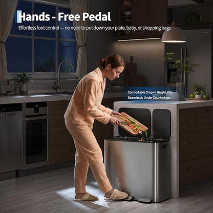 Dual Kitchen Trash Can 13.2 + 5.2 Gal (50+20L) Stainless Steel Trash Cans with Soft Close Lid Large Double Garbage and Recycling Bin with 2 Removable Inner Buckets Step-on Metal Garbage Cans Gray