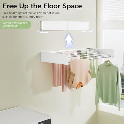 Wall-mounted folding clothes drying rack, 32" wide, 5 stainless steel rods, space-saving hidden laundry room drying rack, foldable wall-mounted, mountable drying racks with installation template