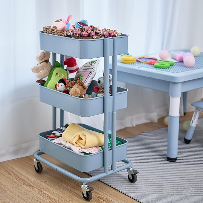 3 Tier Rolling Cart Metal Heavy Duty Utility Cart with Silent Caster Lockable Wheels Multi-Functional Organization Carts Storage Trolley with Mesh Shelves for Office Kitchen Living Room Blue