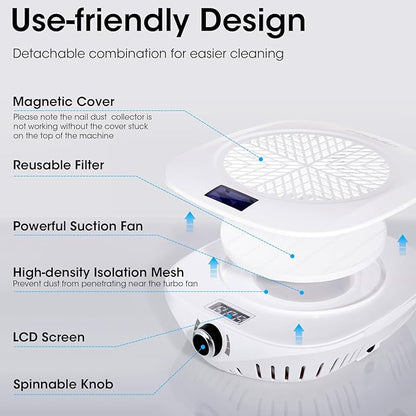 Gellen Nail Dust Collector with LED Display, 4000RPM Powerful Suction Vacuum Fan with Reusable Filter, Soft Ergonomic Shell Nail Vacuum Cleaner for Acrylic Nail Tech, Home & Salon