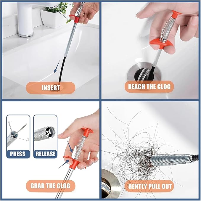 32 Inch Drain Snake Hair Remover Tool, Flexible 4-Claw Grabber for Sink, Tub & Shower Clogs