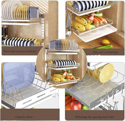 Dish Rack Wall Mounted,Hanging Dish Drying Rack,3 Tier Stainless Steel Dish Rack,Adjustable Length Drain Rack.with Drain Tray,Hooks（Silvery）