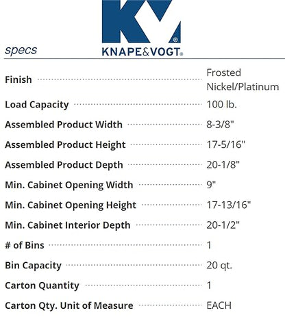 Knape & Vogt SCB9-1-20PT 8.375 inch x 20.125 inch x 17.313 inch 20 Qt. in-Cabinet Single Soft-Close Bottom-Mount Pull-Out Trash Can, Platinum