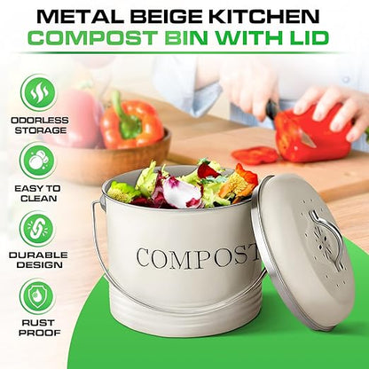 Plexon Countertop Compost Bin Kitchen, Kitchen Compost Bin 1.3 Gallon, Metal Compost Bucket with Lid, Beige
