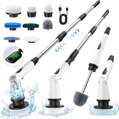 Electric Spin Scrubber with 8 Replaceable Brush Heads 3 Adjustable Angle Waterproof LED Display Cordless Cleaning Brush Supplies Bathroom Cleaner Set Long Handle Power Scrubber for Shower Floor Tub