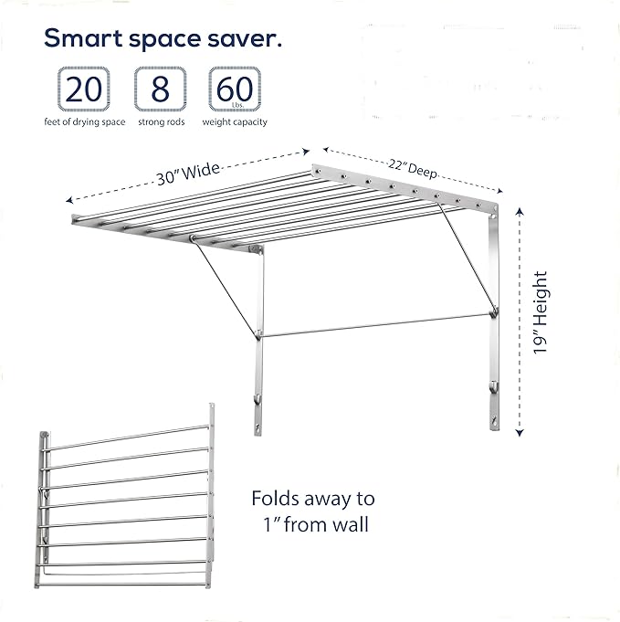 Smartsome | Wall Mounted | Clothes Drying Rack | 30" Wide | 20 Linear Feet Capacity | 8 Smooth Round Stainless Steel Rods | 60 lb Capacity | Fully Assembled | Compact Sturdy Space-Saving Design