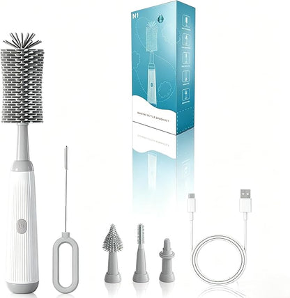 Electric Bottle Brush Set, 6-in-1 Electric Cleaning Brush with Waterproof Silicone Cleaner, 3 Replaceable Brush Heads, Straw Brush & Extension Rod, for Baby Feeding Supplies and Kitchen Utensils