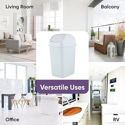 Superio Kitchen Trash Can with Swing Top Lid 9 Gallon Slim Waste Bin 37 Qt Sturdy Plastic Garbage Can Medium Recycling Bin for Office, Bathroom, Under Counter, Dorm, Bedroom (White-2 Pack)