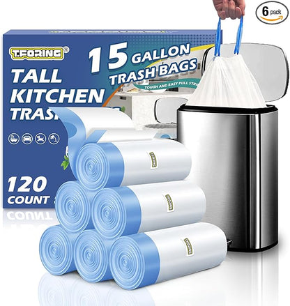 15 Gallon Trash Compactor Bags with Drawstring - 120 Count Heavy Duty 1.7 Mil Garbage Bags 56 Liter Tall Kitchen Bin Liners Unscented White for Home Yard Lawn