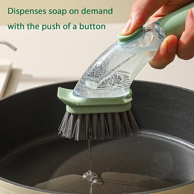 DAPOWER Soap Dispensing Dish Brush with Handle, Kitchen Scrub Brush for Dishes Pots Pans Sink Cleaning (Light Green)