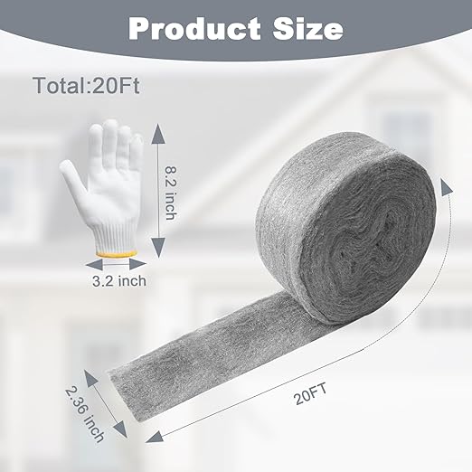 Stainless Steel Wool with Gloves, 20FT Steel Wool Fill Fabric Roll, Gap Blocker Coarse Wire Hardware Cloth DIY Kit for Holes, Wall, Garden, Kitchen, Pipeline in Garage