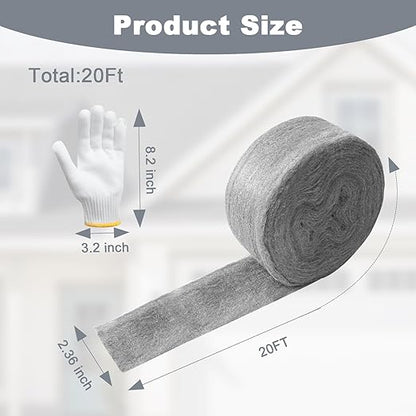 Stainless Steel Wool with Gloves, 20FT Steel Wool Fill Fabric Roll, Gap Blocker Coarse Wire Hardware Cloth DIY Kit for Holes, Wall, Garden, Kitchen, Pipeline in Garage
