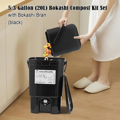 20L Bokashi Compost Bin, 5.28 Gallon Compost Bin for Kitchen Composter with Lid, Bokashi Start Kit with Bran (Tan & Dark Green) (20L/5.28GAL Black)