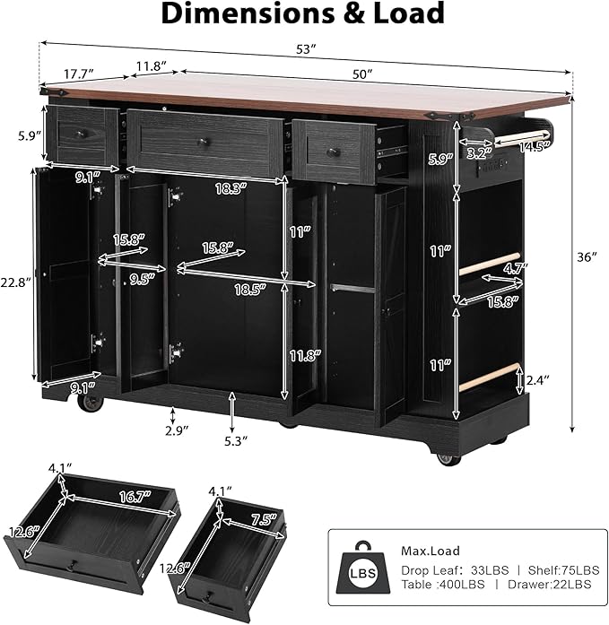 53" Farmhouse Kitchen Island with 2 Tempered Glass Cabinet Doors, Power Outlet, Rolling Kitchen Cart on Wheels with Drop Leaf, 5 Open Side Racks, 3 Drawers, for Kitchen, Black
