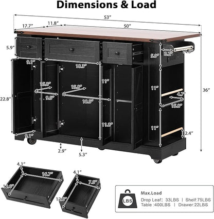 53" Farmhouse Kitchen Island with 2 Tempered Glass Cabinet Doors, Power Outlet, Rolling Kitchen Cart on Wheels with Drop Leaf, 5 Open Side Racks, 3 Drawers, for Kitchen, Black