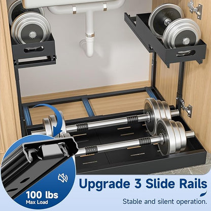Upgrade Expandable Under Sink Organizer, Insputer 2 Tier Metal Under Cabinet Storage with 3 Slide Rails, Height Adjustable, Thickened Pull Out Drawer Shelf for Bathroom, Kitchen, Laundry, Pantry
