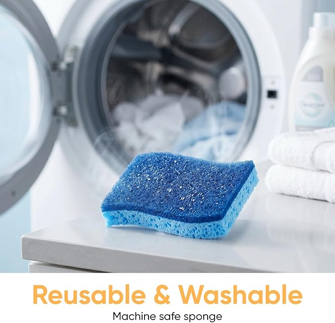 Non-Scratch Cellulose Sponge Kitchen Scrub Sponge with Scouring Pad Set, Good for Non-Stick Cookware Frying Pan, Pot, Counter Top, Sink Scrubbing, Kitchen Scrubbers, Pack of 2, (Blue)
