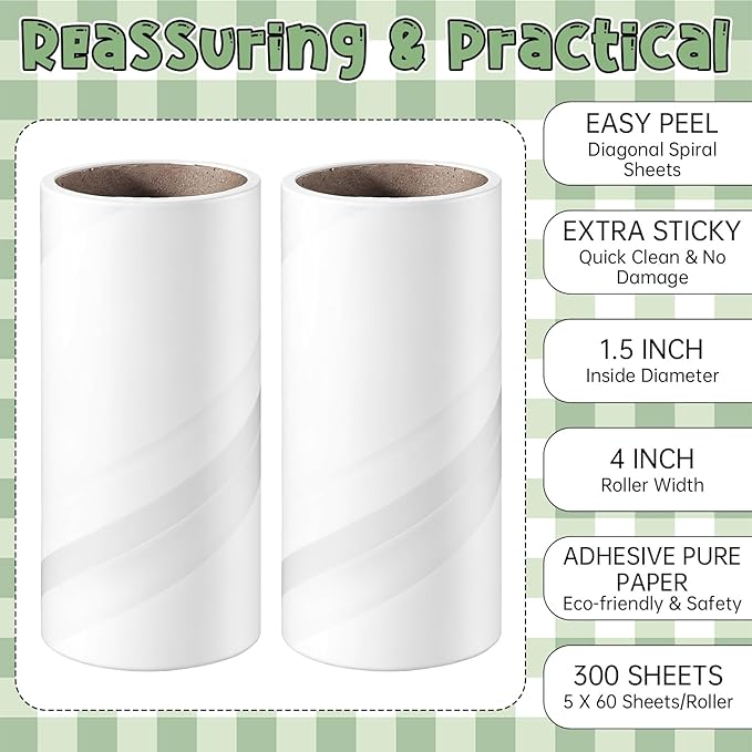 2Pcs Lint Roller Refills 4 inch Extra Sticky Pet Hair Roller Replacement Refills 60 Sheets per Roll Inside Diameter 1.5 Inch (Pack of 2, Total 120 Sheets, 4 inch)