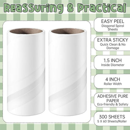 2Pcs Lint Roller Refills 4 inch Extra Sticky Pet Hair Roller Replacement Refills 60 Sheets per Roll Inside Diameter 1.5 Inch (Pack of 2, Total 120 Sheets, 4 inch)
