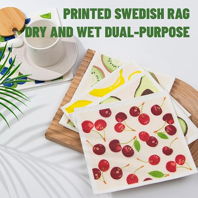 Kitchen Towels Swedish Dishcloths - 6 Count Reusable Paper Towels, Ultra Absorbent Odor Free Eco Friendly Biodegradable Cleaning Rags, (Fruit)