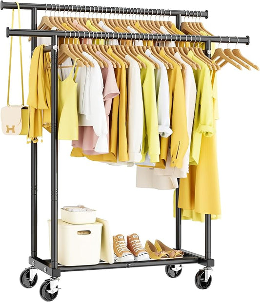 HYSEYY Double Rods Clothes Rack, Rolling Clothing Rack for Hanging Clothes Portable Wardrobe Rack, Metal Garment Rack Sturdy Coat Rack for Bedroom Laundry Living Room, Black