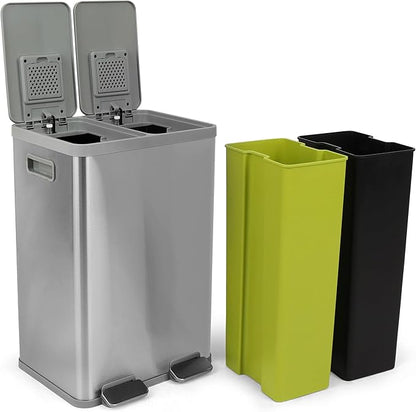 40 Liter Rectangular Hands-Free Dual Compartment Recycling Kitchen Step Trash Can with Soft-Close Lid, Brushed Stainless Steel (2 x 20L Capacity)