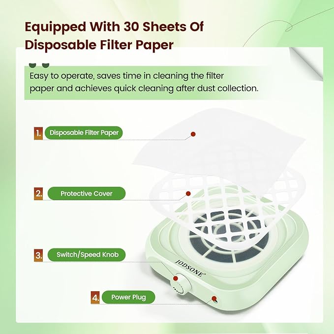 JODSONE 6000RPM Mini Nail Dust Collector Powerful Suction Portable PocketSized Nail Salon with 30 Filters Green